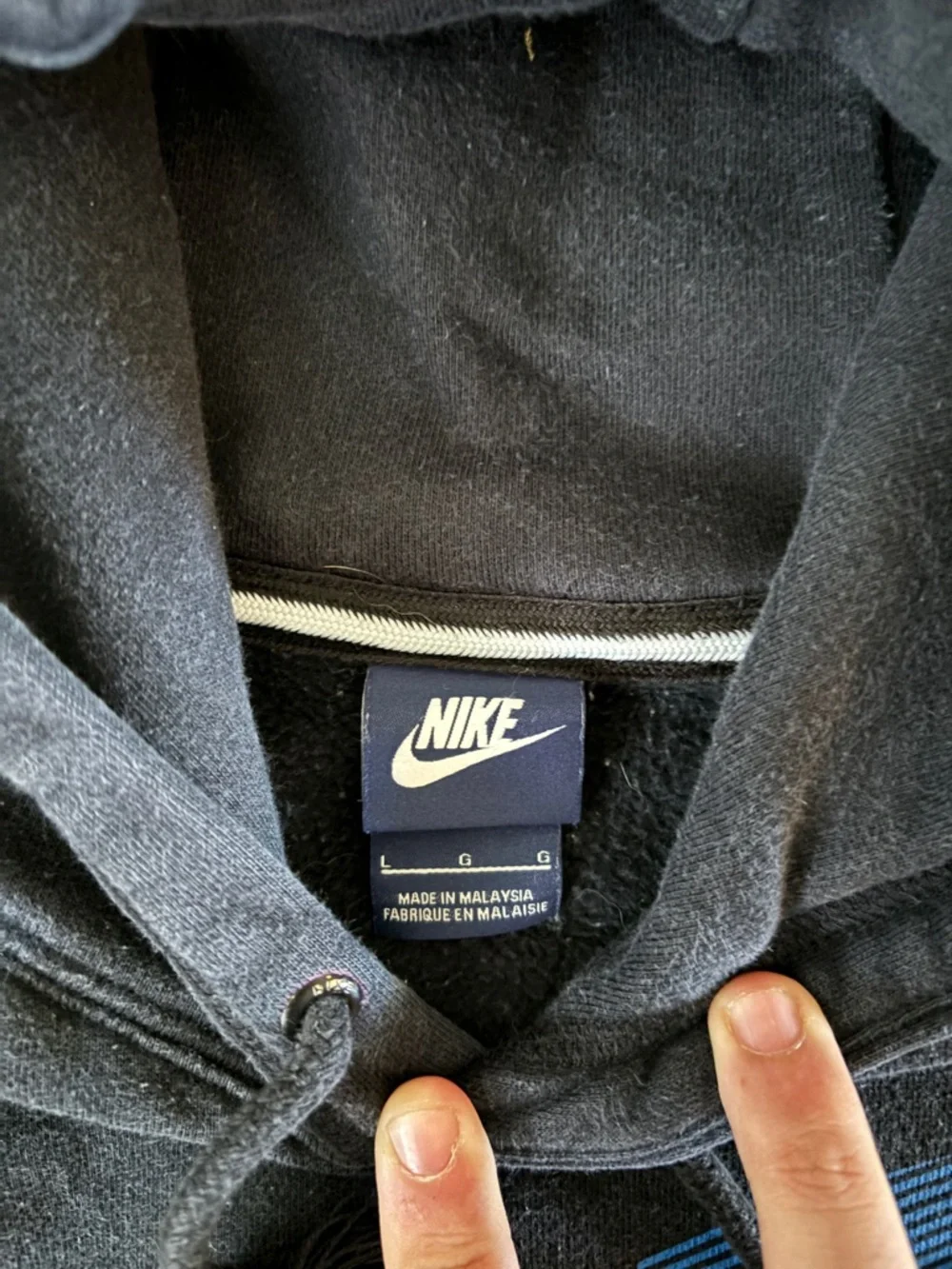 Nike AW77 Graphic Hoodie Mens Size Large Black Blue Spell Out - Picture 2 of 8